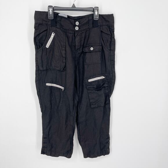 Pete & Greta by Johnny Was Linen Cargo Capri Pants w/ Pockets Y2K Sz 10 Black - Picture 1 of 11